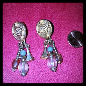 Gold green clear beaded dangle pierced earrings